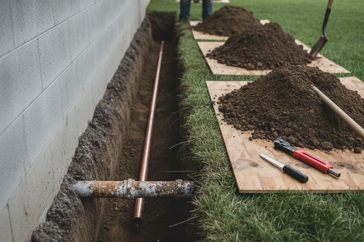 Excavated water line trench during Sewer Line Repair in Dulzura